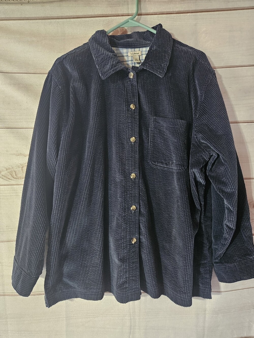 L.L. Bean Navy Blue Corduroy Button Down Shirt Jacket Size Large Petite